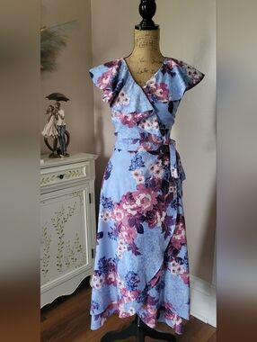 Alex Marie Light Blue & Mauve Floral Ruffle Wrap Maxi Dress